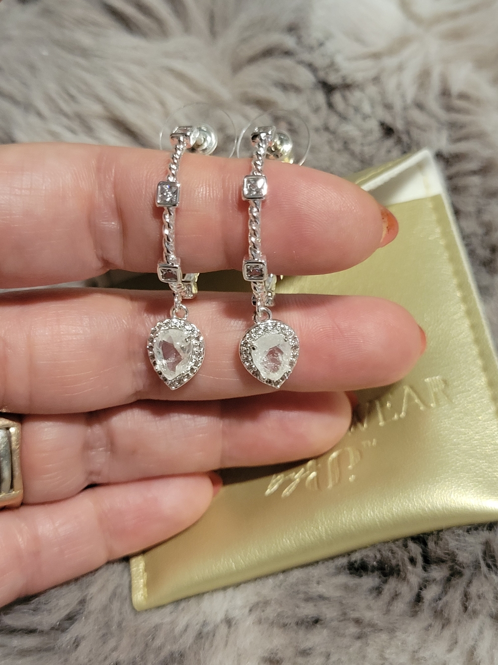Silver Teardrop Dangle Earrings with Clear Stones and Square Accents